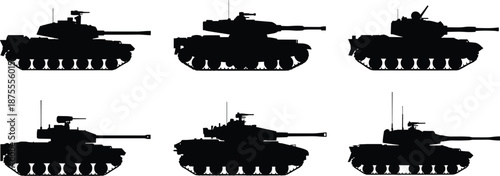 Heavy battle tank silhouettes collection featuring modern armored military vehicles in multiple side profiles, isolated on white background for warfare and defense design use