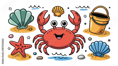 Crab and Beach Elements: Playful illustration of a cheerful crab amidst beach elements, showcasing the joy of coastal living with shells, a bucket, and a starfish.
