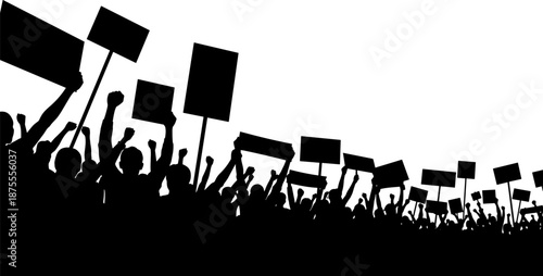 Silhouette crowd raising hands under human rights flag symbolizing equality, freedom, justice, activism, social movement, protest, democracy, solidarity, and global civil rights awareness