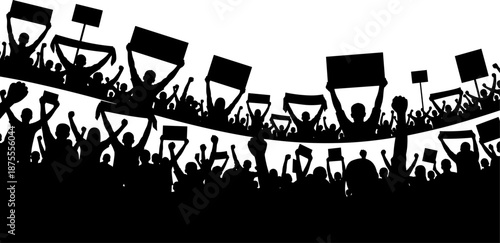 Silhouette of massive protest crowd raising banners and fists symbolizing social movement, political resistance, freedom of expression, unity, activism, public demonstration, 