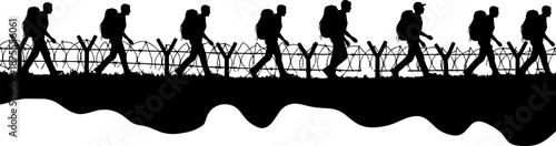 Silhouette of migrants walking along border fence with backpacks symbolizing immigration journey, refugees, displacement, border security, humanitarian crisis, migration route, 