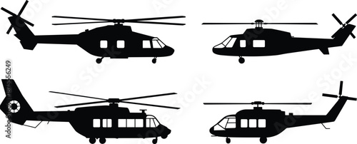 Helicopter silhouettes collection showing different military and civilian rotorcraft side views, aviation transport aircraft isolated on white background for defense, rescue, and flight design concept