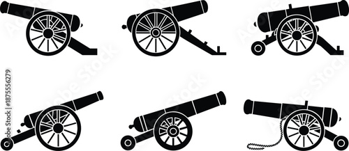 Historical cannon silhouette collection showing vintage artillery weapons with wooden wheels in side view, isolated on white background for military history and war design use