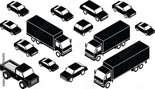Isometric vehicle silhouettes set with cars trucks and delivery vans in different views, urban traffic and transportation collection isolated on white background
