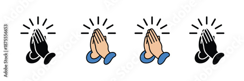 Prayer and respect icon set featuring hands praying icons, religion and prayer symbols, linear pattern on white background, representing gratitude, devotion, spirituality, and vector illustration 