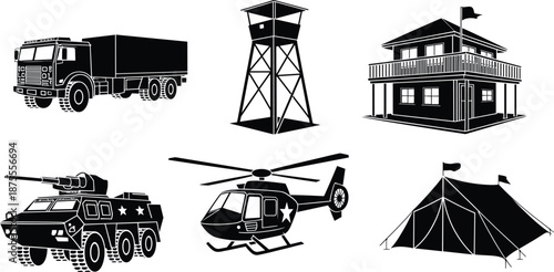 Military base equipment silhouettes including truck watchtower barracks armored vehicle helicopter and field tent, defense infrastructure elements isolated on white background for army and security co