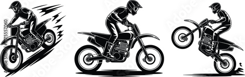 Motocross rider illustration set performing speed and wheelie stunts on dirt bikes, extreme motorcycle sport action silhouettes isolated on white
