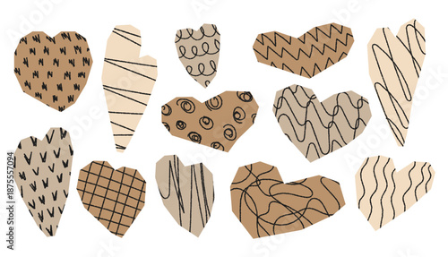 Hand drawn set abstract hearts with textured patterns. Romantic elements for Valentine’s Day, love designs, cards and decor, collage.