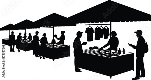 Outdoor street market silhouettes with vendors and customers trading goods at covered stalls, lively bazaar shopping scene isolated on white background for commerce and lifestyle design