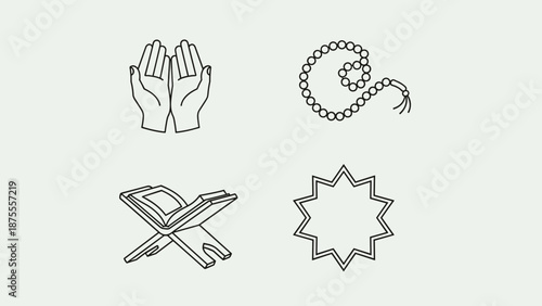 Islamic spiritual concept icons. Minimalist vector set of praying hands, prayer beads, holy book, and ornamental star, representing faith and devotion