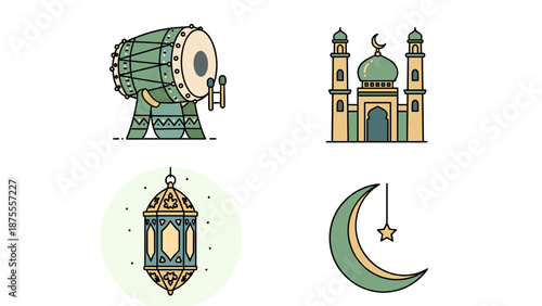 Vibrant flat design vector icons capturing the essence of Islamic culture, featuring symbols of Ramadan, Eid, and Muslim celebrations