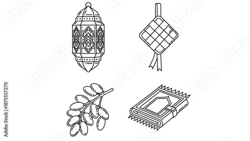 A curated collection of traditional Islamic celebration symbols, perfect for designs related to the holy month, featuring an ornate lantern, delicious dates, decorative ketupat, and a prayer mat