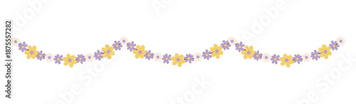 Seamless floral garland border with flowers in soft yellow, lavender and cream colors. Delicate spring vector decoration isolated on white for invitations, cards, branding and web design.