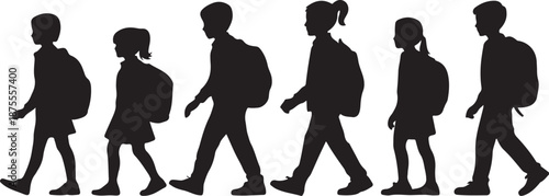 Five children walking with backpacks silhouette black