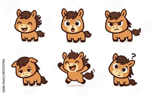 Set of six cute cartoon horse characters expressing different emotions like happy, sad, angry, surprised, and excited on white background.