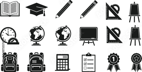 Education and classroom icons vector set with books graduation cap stationery globe calculator award and school equipment symbols