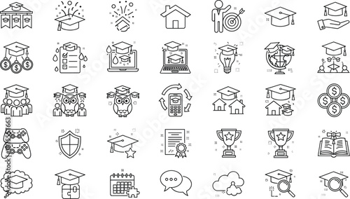Education and online learning outline icons vector set with graduation study achievement school and academic symbols