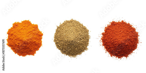 A vibrant trio of ground spices: turmeric, white pepper, and paprika for culinary use isolated on transparent background