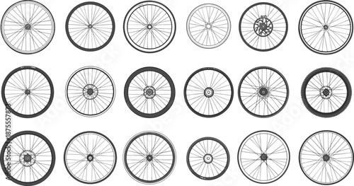 Set of detailed bicycle wheel illustrations, various rim tire hub spoke designs, isolated vector collection for cycling, repair, transport, and mechanical concepts