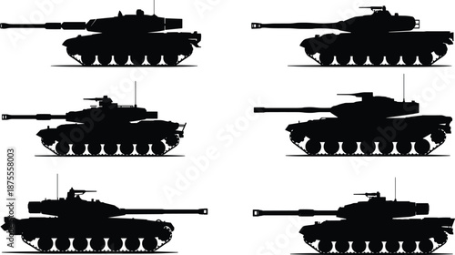 Set of modern main battle tank silhouettes in multiple side views, armored military vehicles isolated on white background for defense, warfare, and security design concepts
