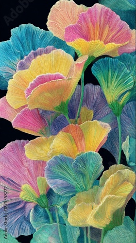 Vibrant abstract floral artwork showcasing delicate, layered petals in a mesmerizing array of pastel and bold colors against a dark background, creating a dreamlike botanical composition.