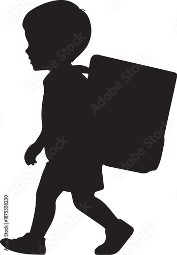 Silhouette of a child carrying a large backpack walking