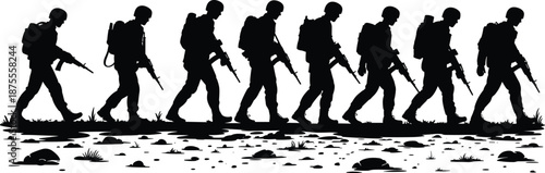 Silhouette of armed soldiers marching in line with rifles and backpacks, military infantry patrol troops isolated on white background for war, defense, and security concepts