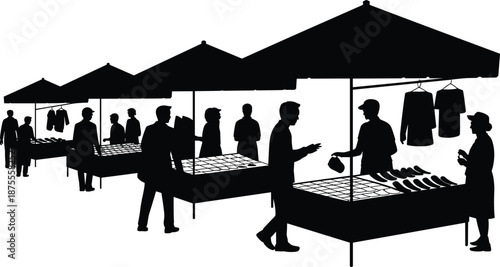 Street market silhouettes with vendors and customers shopping at outdoor stalls under canopies, traditional bazaar scene isolated on white background for commerce and lifestyle concepts