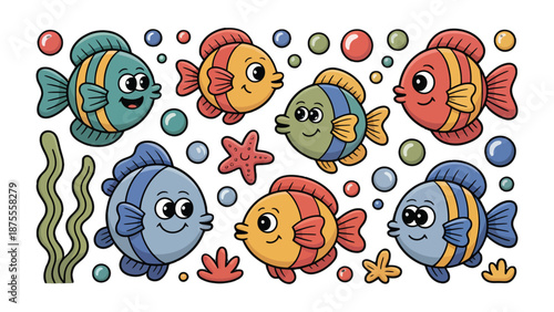 Undersea Friends: Delightful depiction of six adorable cartoon fishes, swimming amidst the bubbles and sea flora, bringing vibrant energy of underwater life to life.