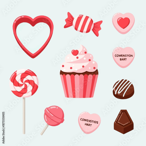 A collection of various sweet treats and candies, including lollipops, chocolates, cupcakes, and heart-shaped confections, set against a light background.