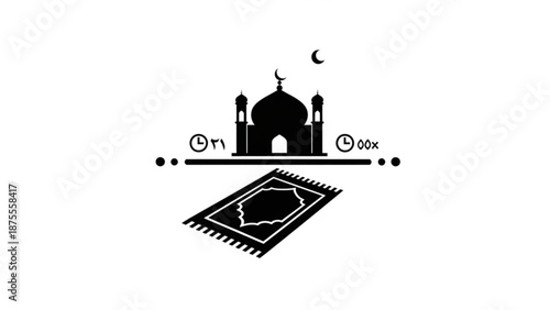 A minimalist vector graphic of a mosque with a prayer mat and crescent moon