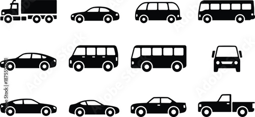 Vehicle silhouettes icon set featuring cars, vans, buses, pickup trucks and cargo truck, transportation symbols collection isolated on white background