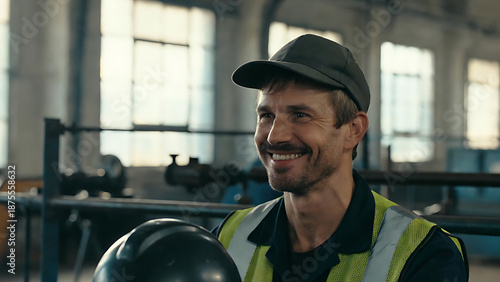 Smiling industrial worker in safety gear standing in a factory