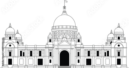 Victoria Memorial architectural line drawing with majestic central dome and symmetrical wings, iconic colonial monument of Kolkata illustrated in detailed black and white outline style
