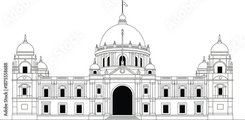 Victoria Memorial architectural line illustration with grand dome and classical details, iconic historic monument of Kolkata isolated in black and white for heritage and travel design