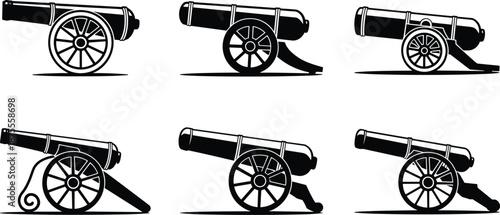 Vintage cannon silhouette set featuring historical artillery weapons with wooden wheels in multiple side views, isolated on white background for military history design use