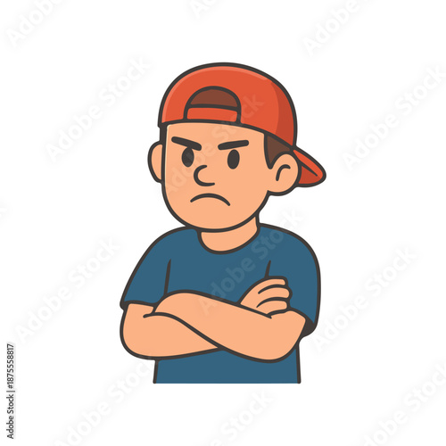 Angry boy crossing arms illustration. Upset young character with serious facial expression.