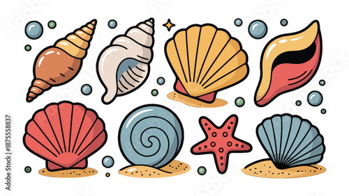 Seashells:  A delightful array of unique seashells, each with its own intricate patterns, arranged artfully, inviting the viewer to appreciate the delicate beauty of marine life and seaside treasures.