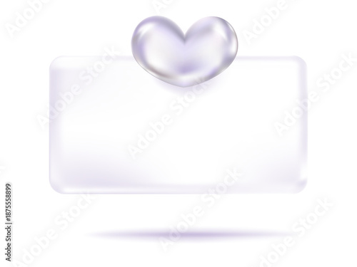 Holographic metallic heart in Transparency Glassmorphism notification pop up window isolated background. 3d vector rendering.