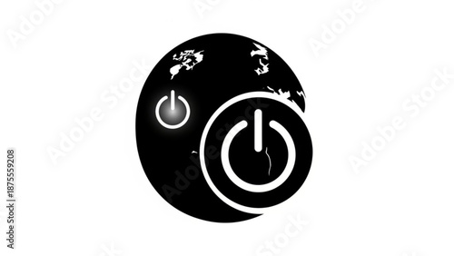 A black and white vector graphic of a globe with a power button symbol