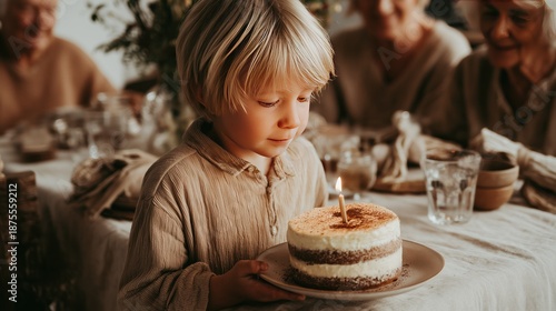 Cozy Family Dinner with a Child Holding a Cake with a Candle