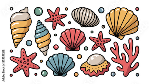 Ocean's Treasures: A captivating illustration featuring an array of meticulously rendered seashells and starfish, along with delicate corals and pearls.