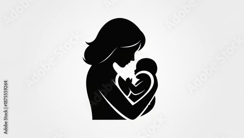 A minimalist vector graphic of a mother holding her baby in a heart shape
