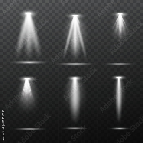 Vector light effects set. Light sources studio lighting, walls. Glowing light effect with white rays, light beams.
