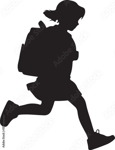 Silhouette of a child running with a backpack black