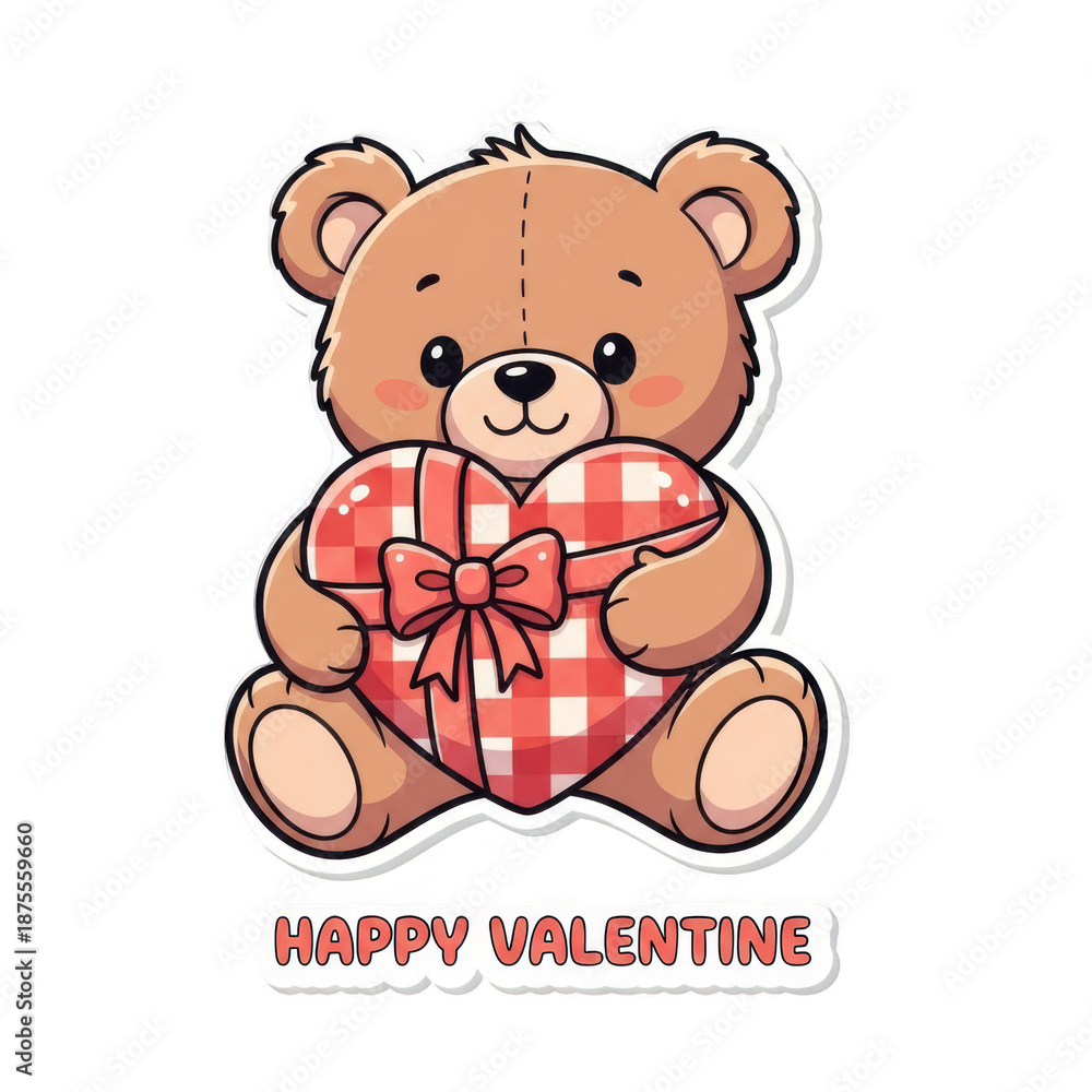Obraz premium Cute brown teddy bear holding red heart shaped gift box with bow on valentines day isolated on transparent background