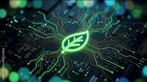Green technology concept with leaf symbol integrated into circuit board, representing sustainability, innovation, energy efficiency, electronic, digital system, eco technology, environmental computing