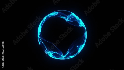 Blue glowing digital sphere of flowing light waves on a dark background. Futuristic technology animation for innovation, artificial intelligence, and digital energy concepts in 4K.