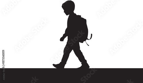 Silhouette of a child walking with a backpack black