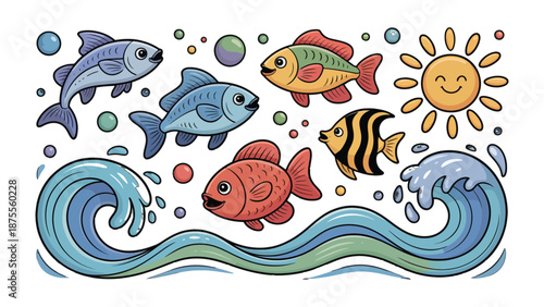 Joyful Marine World: This is a whimsical illustration of a lively marine scene, featuring colorful fishes gracefully navigating through waves and bubbles with a smiling sun.